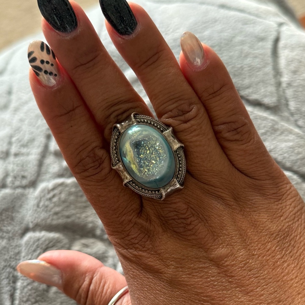 Blue Druzy Ajoite Stone Ring